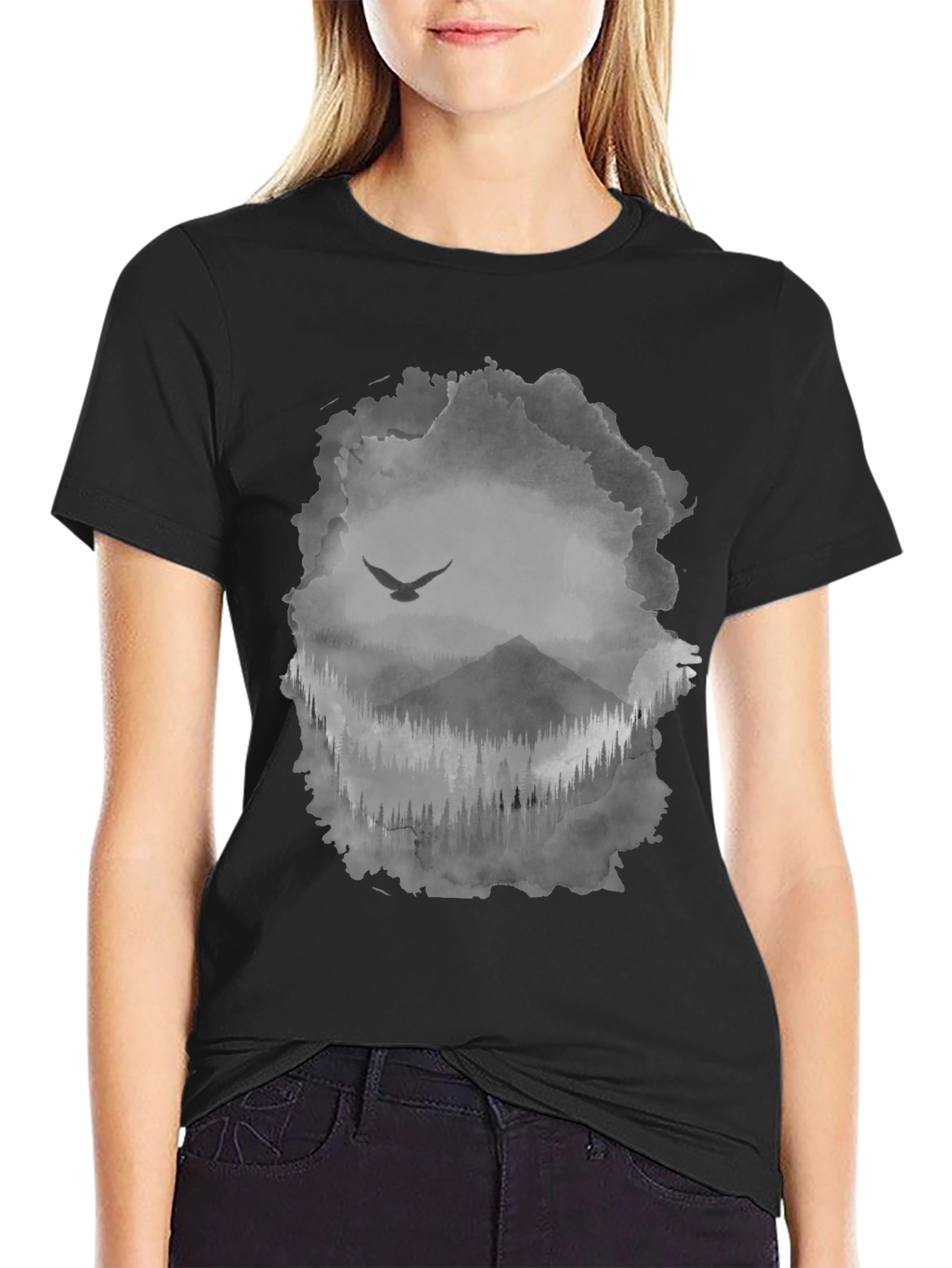 Mens Black T-Shirt with Mountain & Bird Graphic