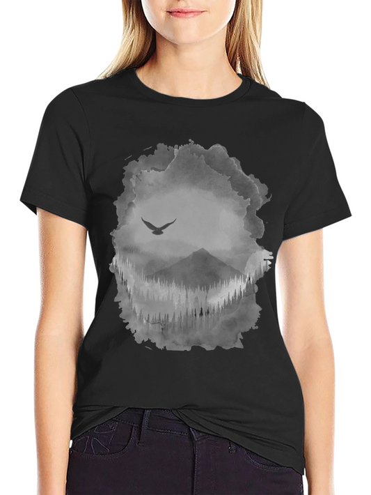 Mens Black T-Shirt with Mountain & Bird Graphic