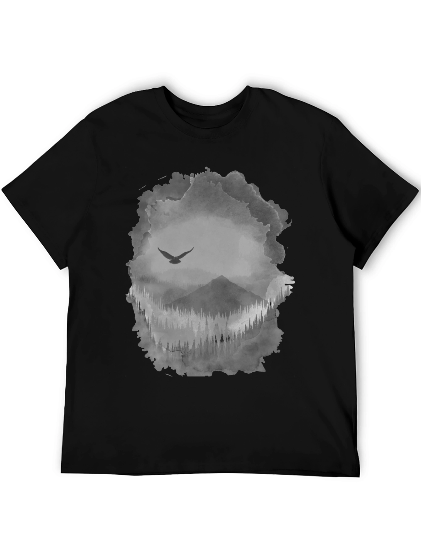 Mens Black T-Shirt with Mountain & Bird Graphic