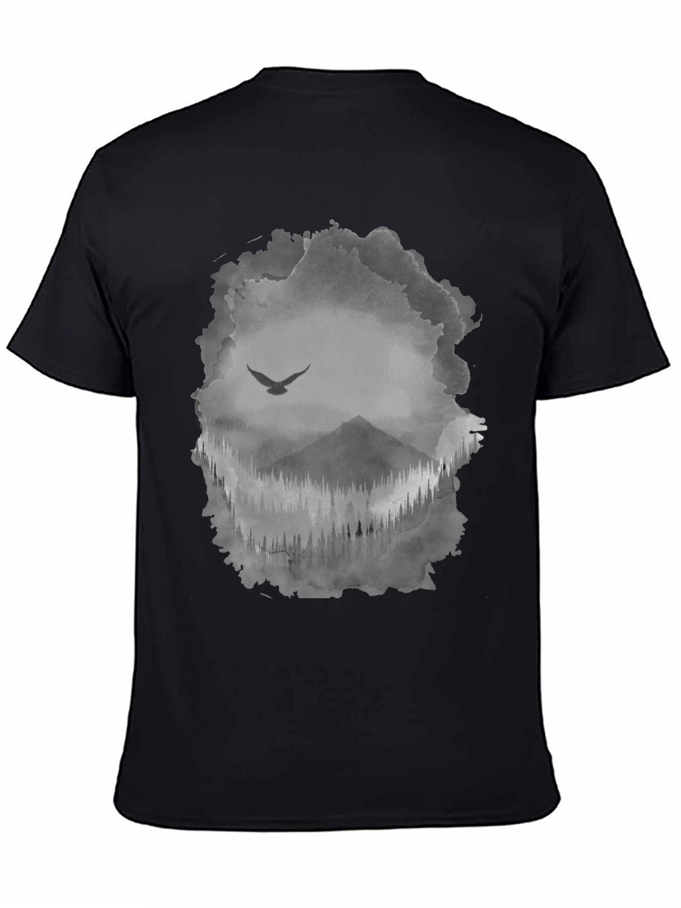 Mens Black T-Shirt with Mountain & Bird Graphic