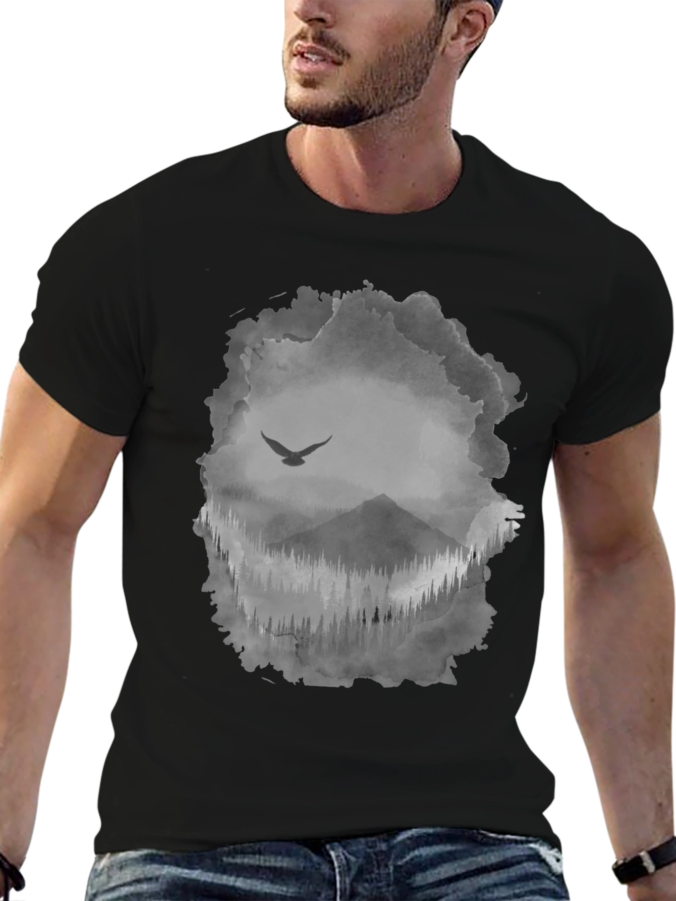 Mens Black T-Shirt with Mountain & Bird Graphic