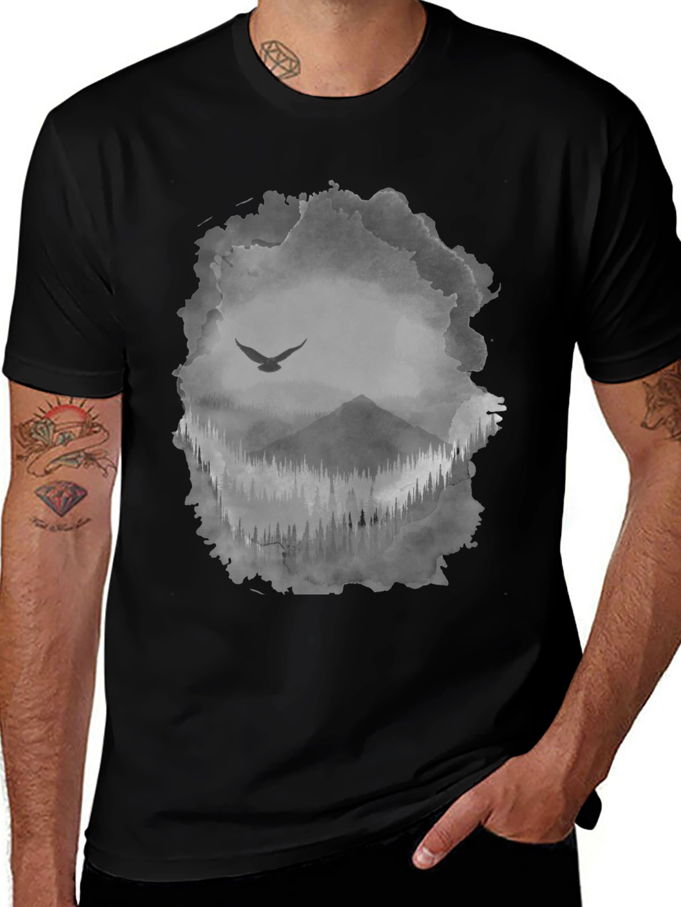 Mens Black T-Shirt with Mountain & Bird Graphic