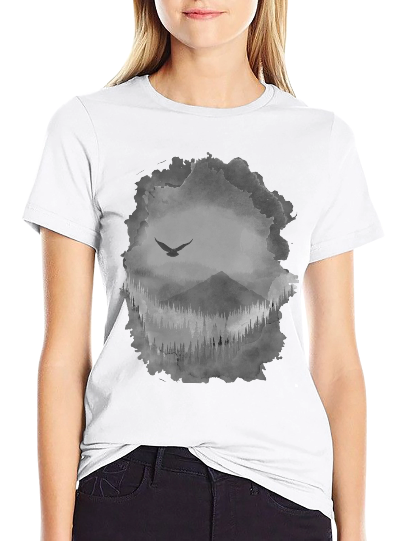 Mens Black T-Shirt with Mountain & Bird Graphic