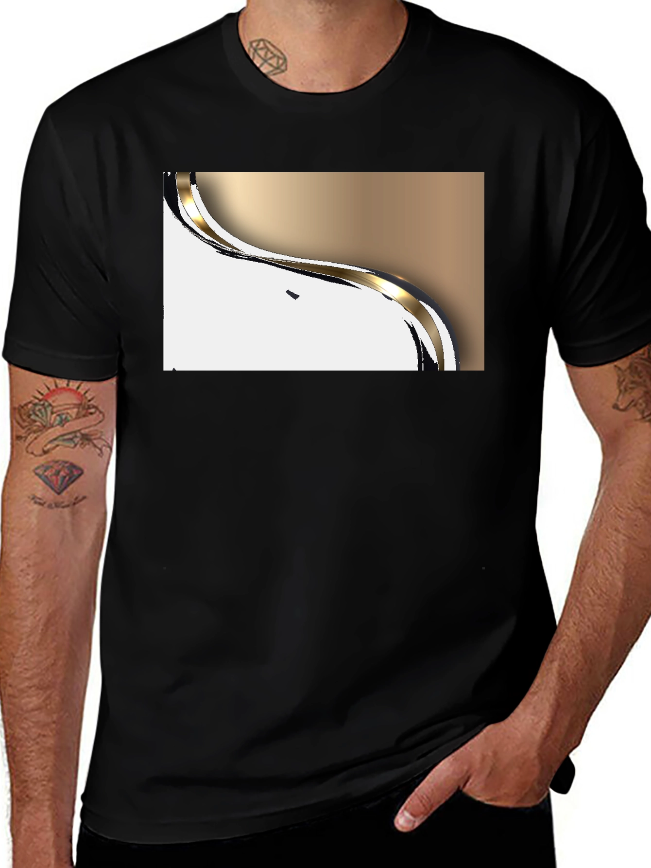 Modern Gold Wave Graphic Black T-Shirt
