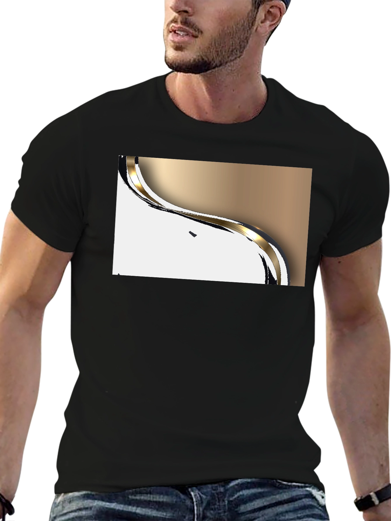 Modern Gold Wave Graphic Black T-Shirt