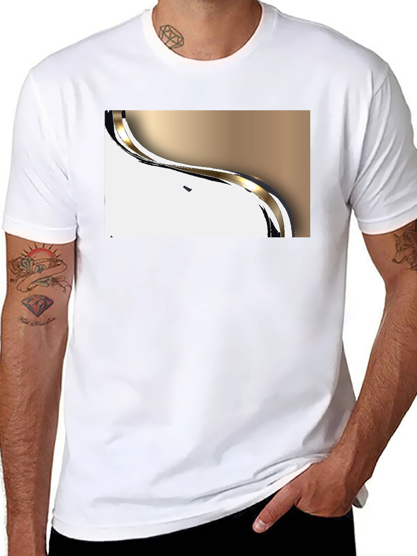 Modern Gold Wave Graphic Black T-Shirt