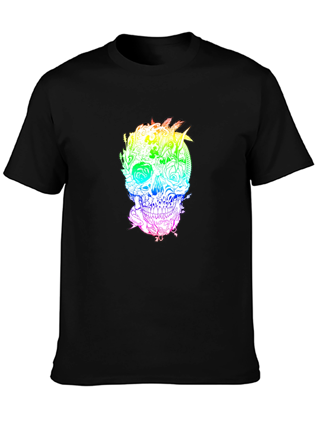 Rainbow Skull Graphic Print Black T-Shirt
