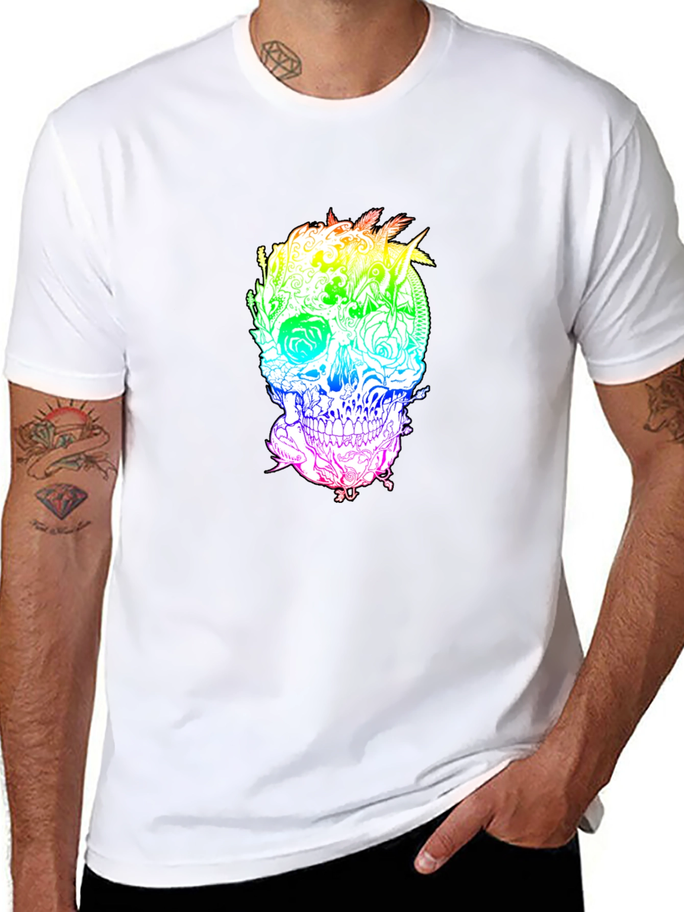 Rainbow Skull Graphic Print Black T-Shirt