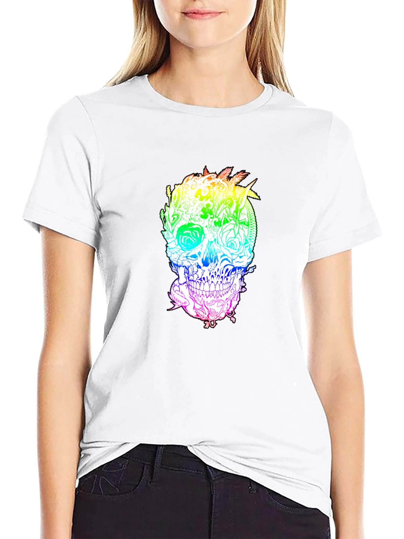 Rainbow Skull Graphic Print Black T-Shirt