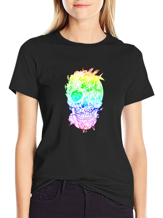 Rainbow Skull Graphic Print Black T-Shirt