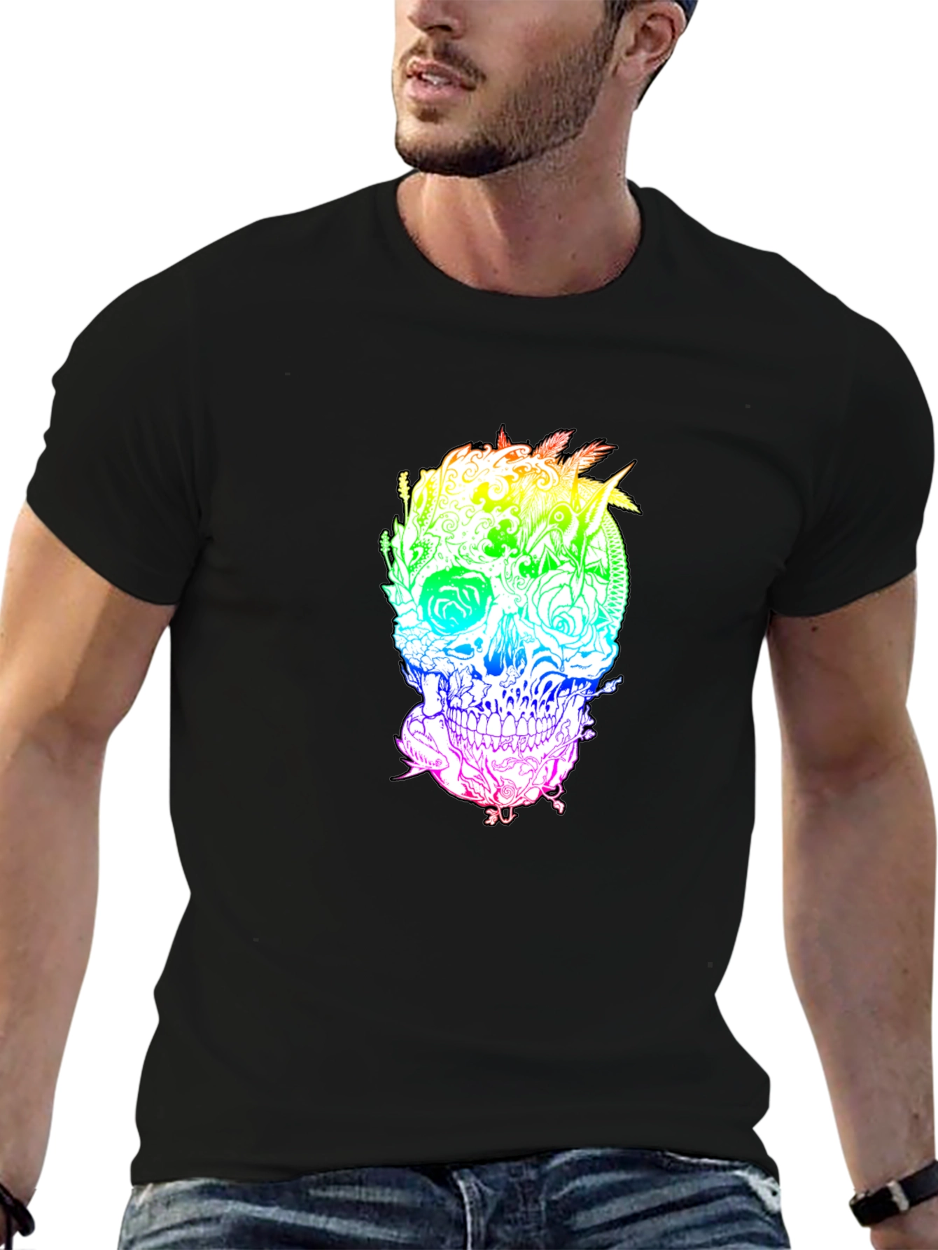 Rainbow Skull Graphic Print Black T-Shirt