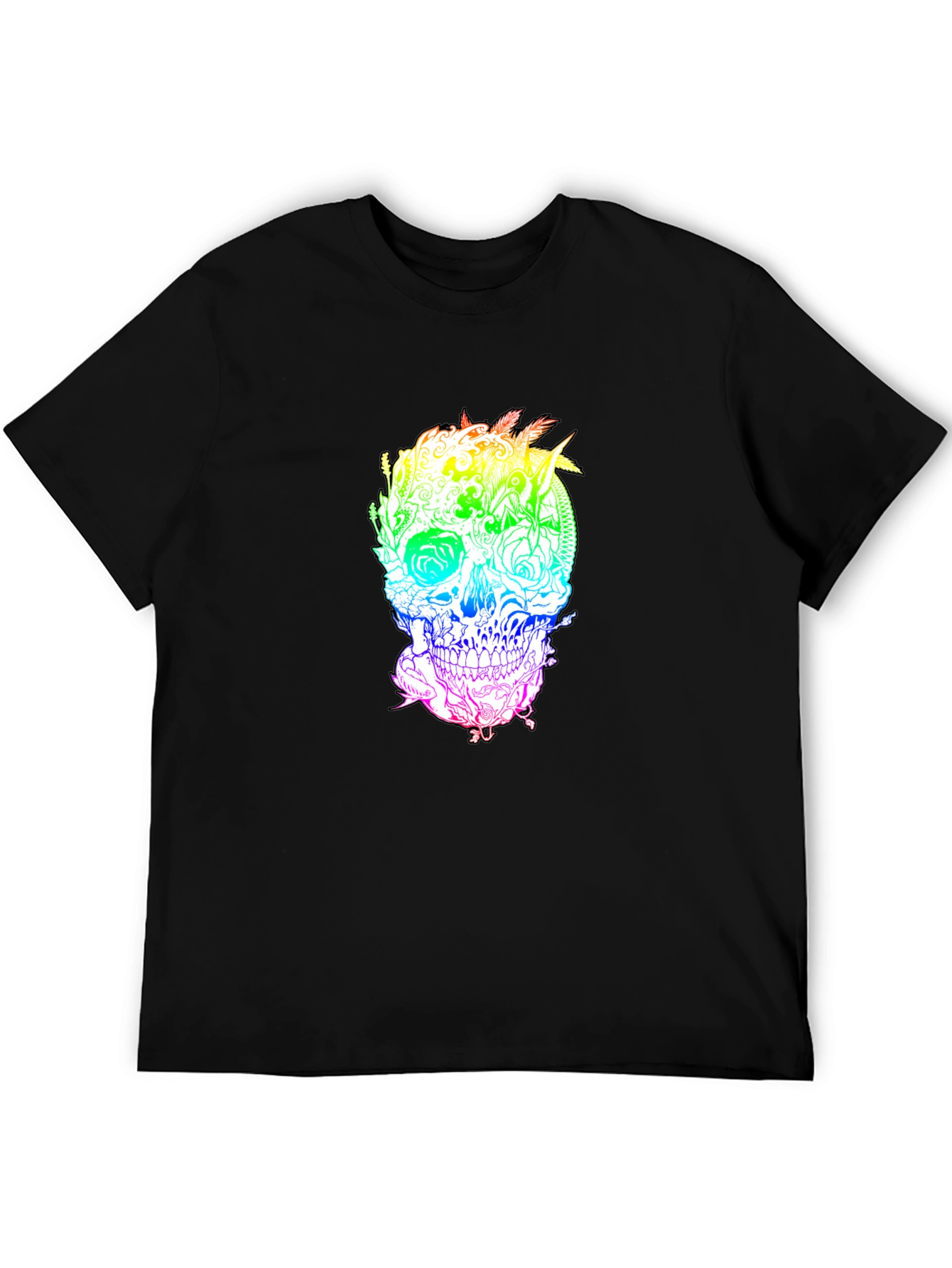 Rainbow Skull Graphic Print Black T-Shirt