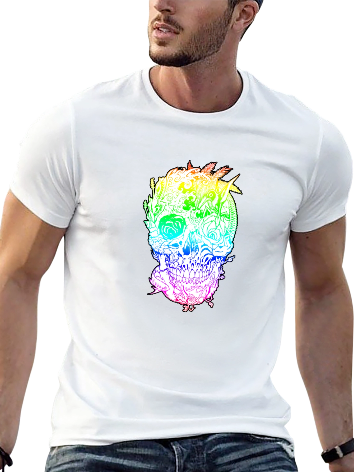 Rainbow Skull Graphic Print Black T-Shirt