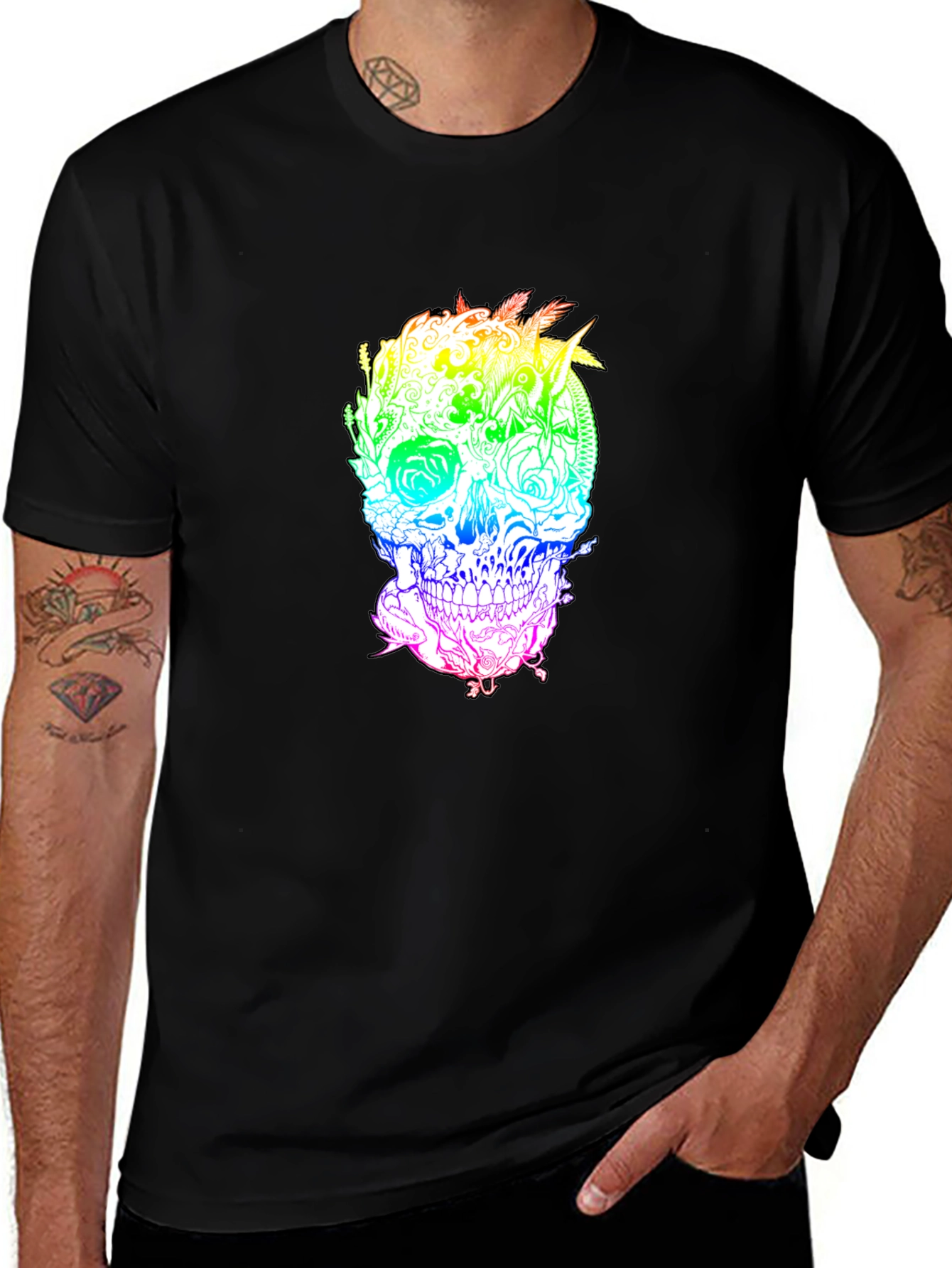 Rainbow Skull Graphic Print Black T-Shirt