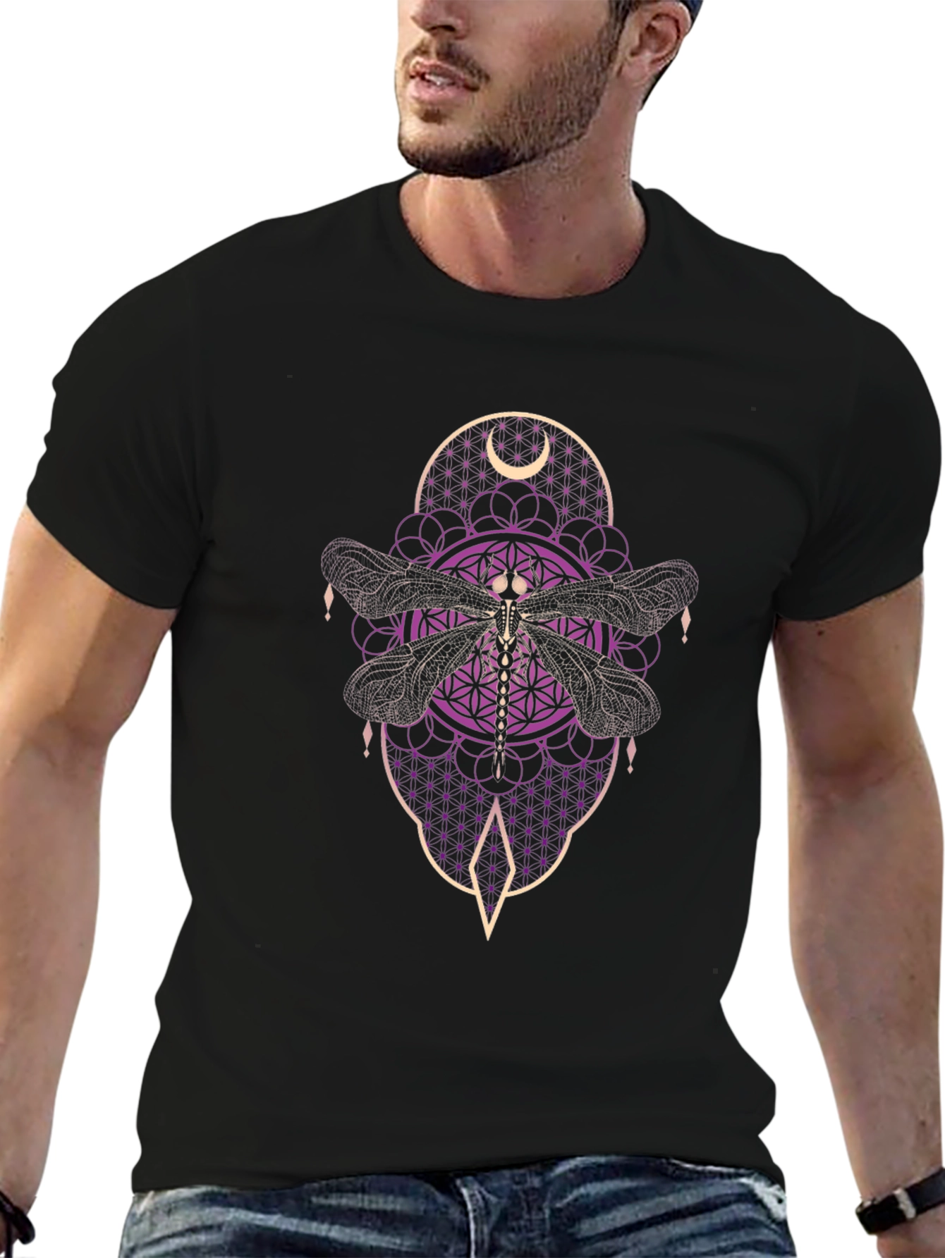 Dragonfly Moon Graphic T-Shirt - Black