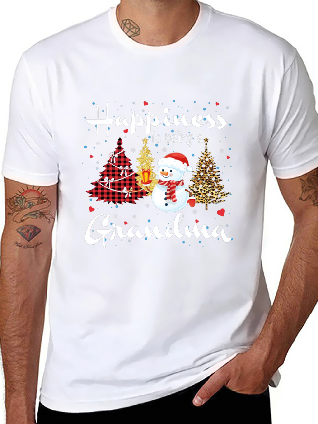 Grandma Christmas T-Shirt with Snowman & Holiday Trees