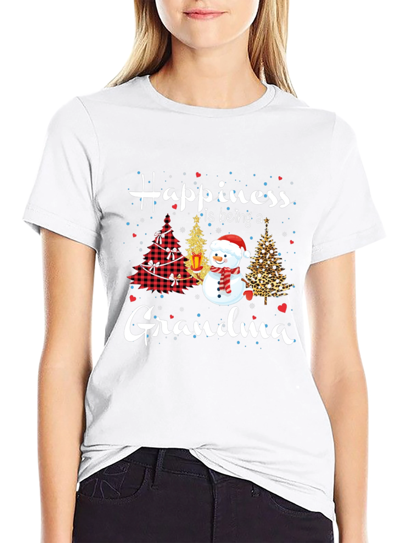 Grandma Christmas T-Shirt with Snowman & Holiday Trees