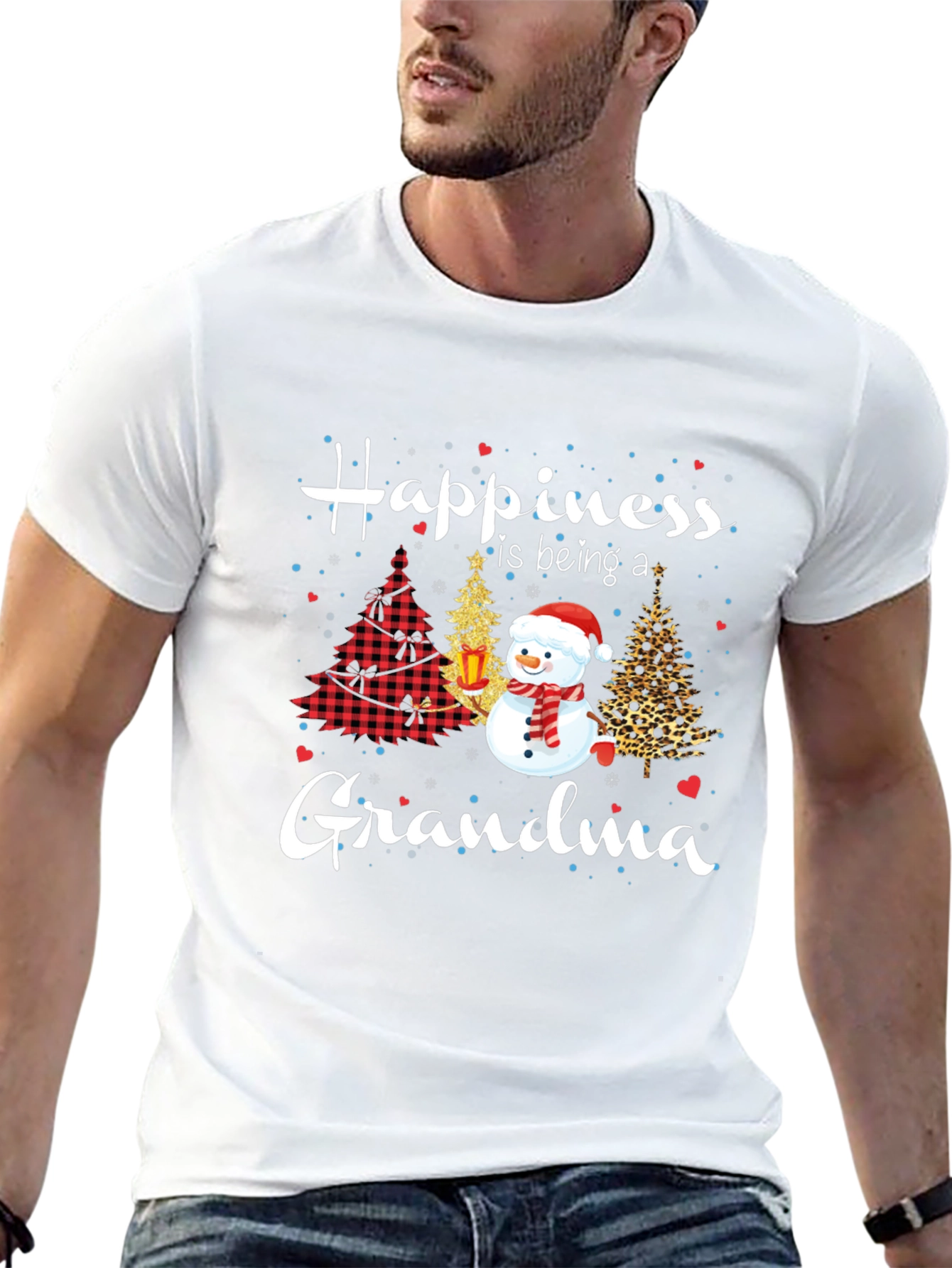 Grandma Christmas T-Shirt with Snowman & Holiday Trees