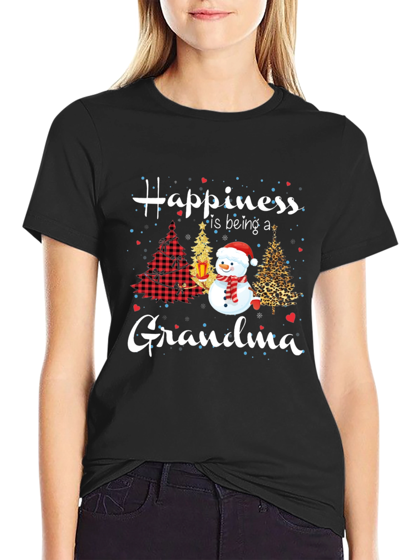 Grandma Christmas T-Shirt with Snowman & Holiday Trees