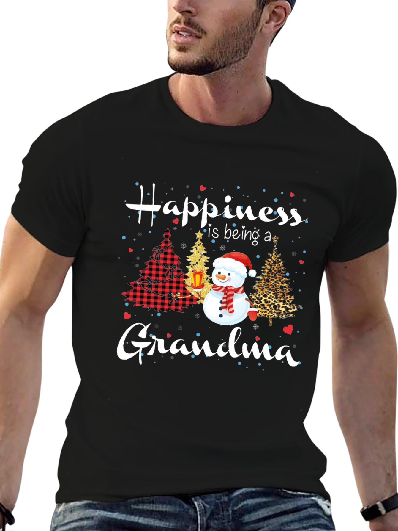 Grandma Christmas T-Shirt with Snowman & Holiday Trees