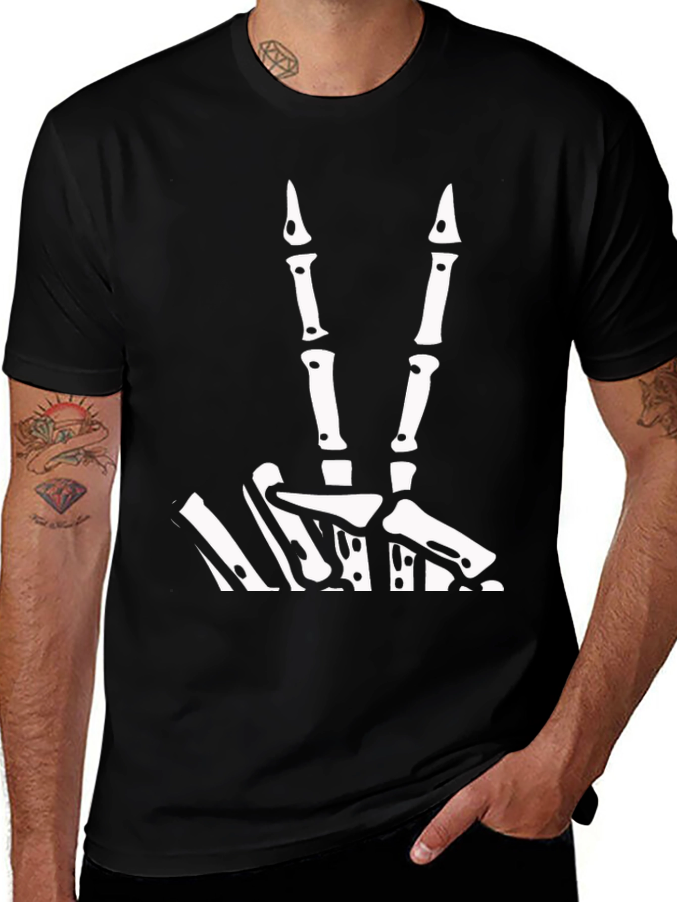 Skeleton Hand Peace Sign Black Tee