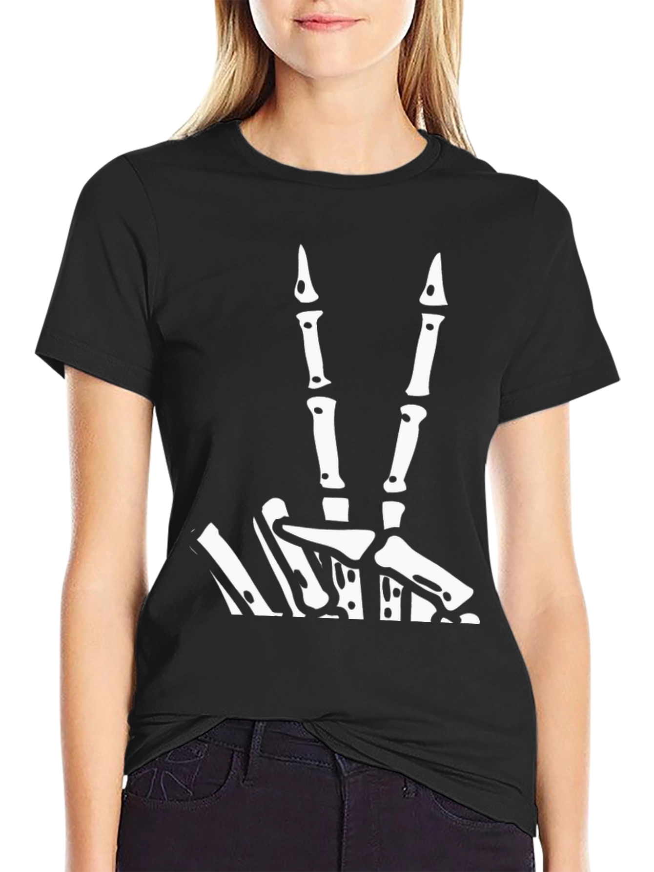 Skeleton Hand Peace Sign Black Tee