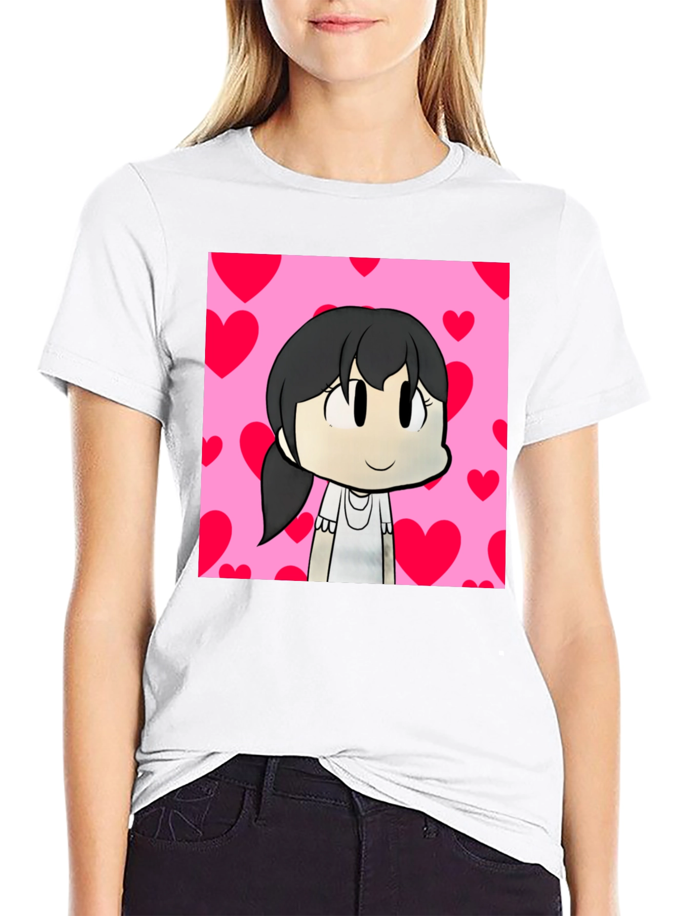 Cartoon Girl Heart Background Black T-Shirt