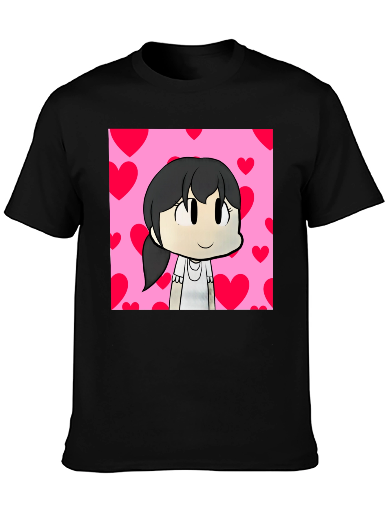 Cartoon Girl Heart Background Black T-Shirt
