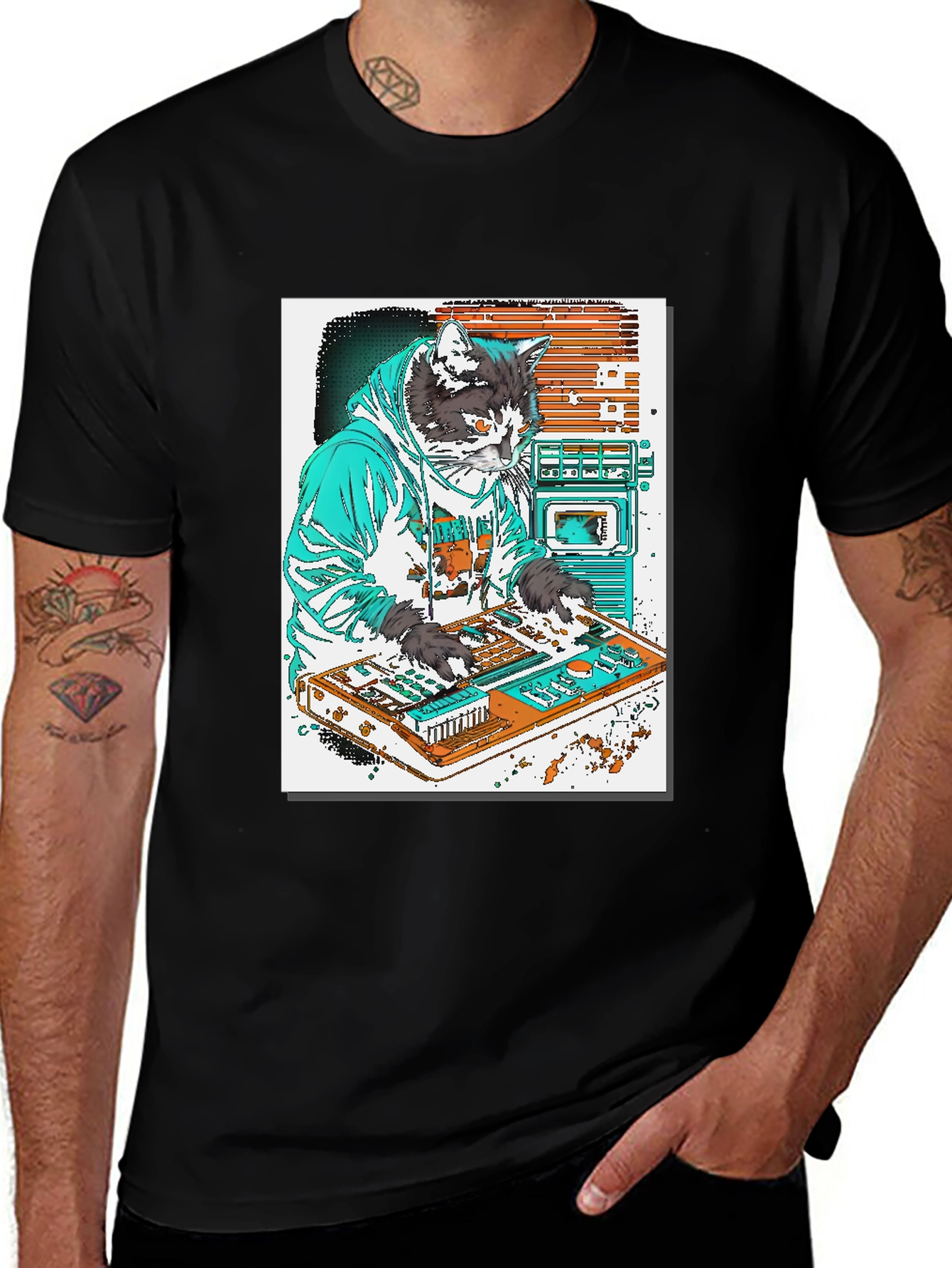 DJ Cat Graphic T-Shirt - Black