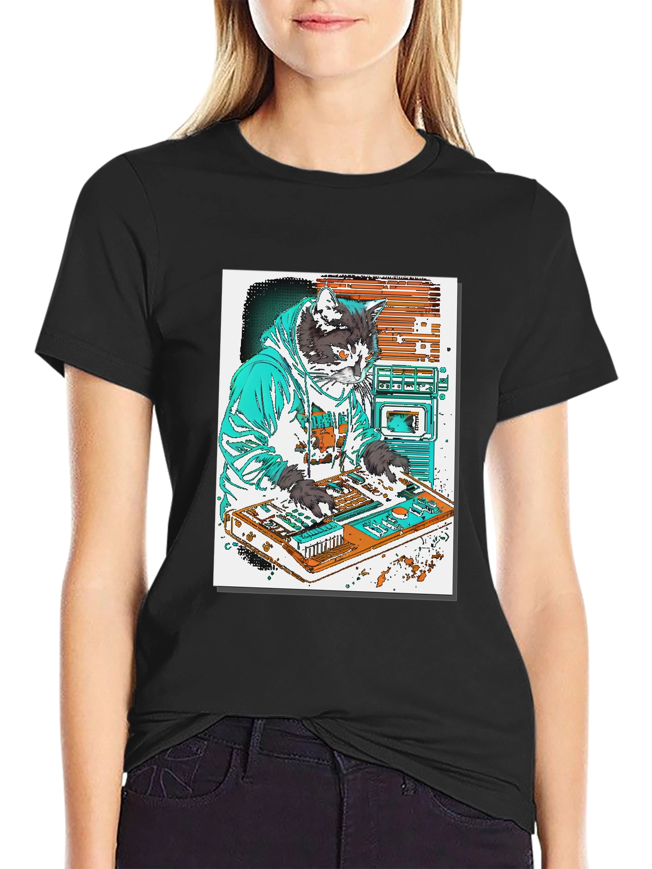DJ Cat Graphic T-Shirt - Black